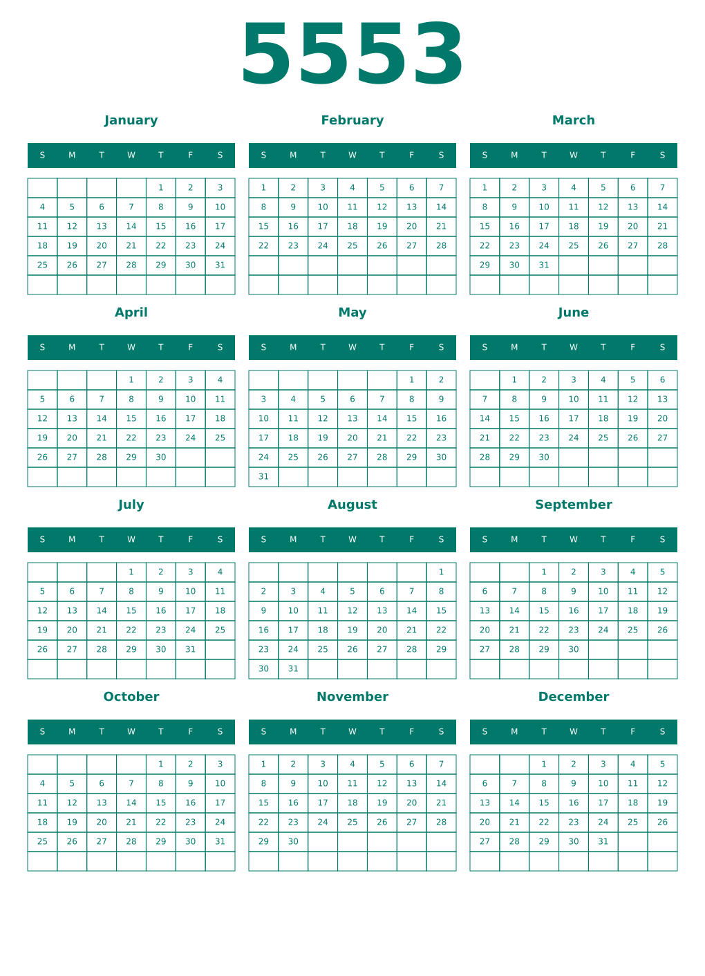 Printable 5553 Year Calendars pastel