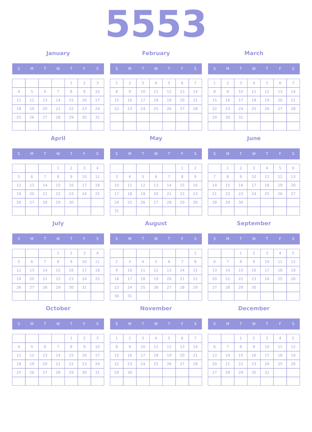 Printable 5553 Year Calendars periwinkle