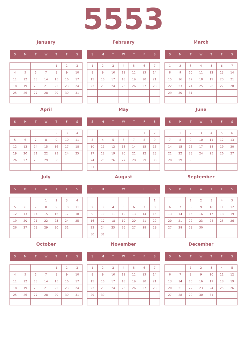 Printable 5553 Year Calendars puce