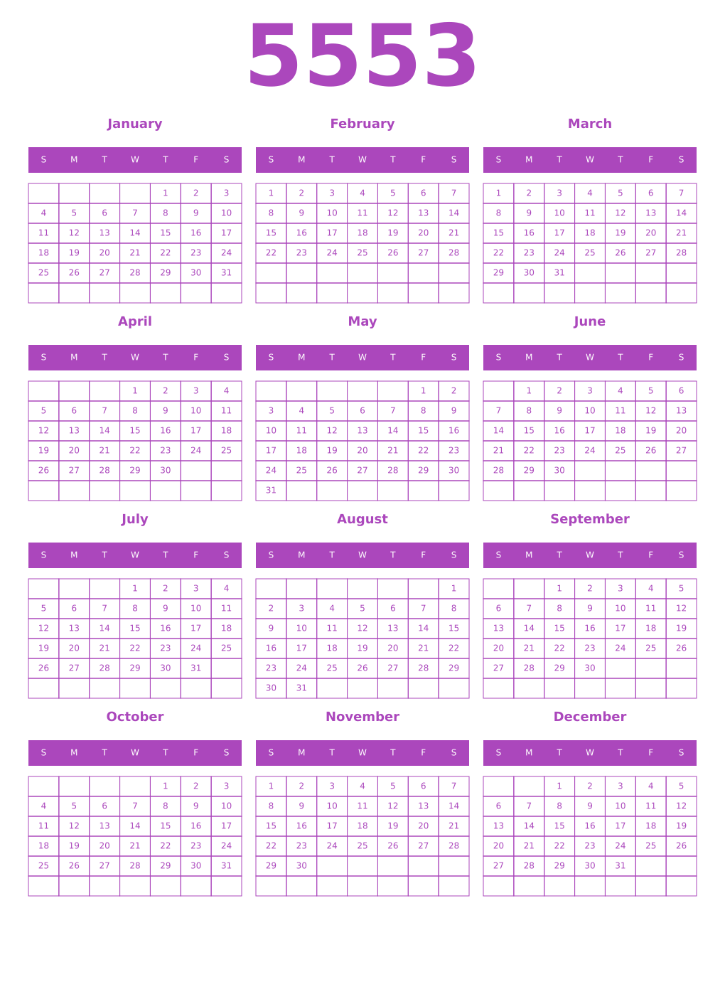 Printable 5553 Year Calendars purple