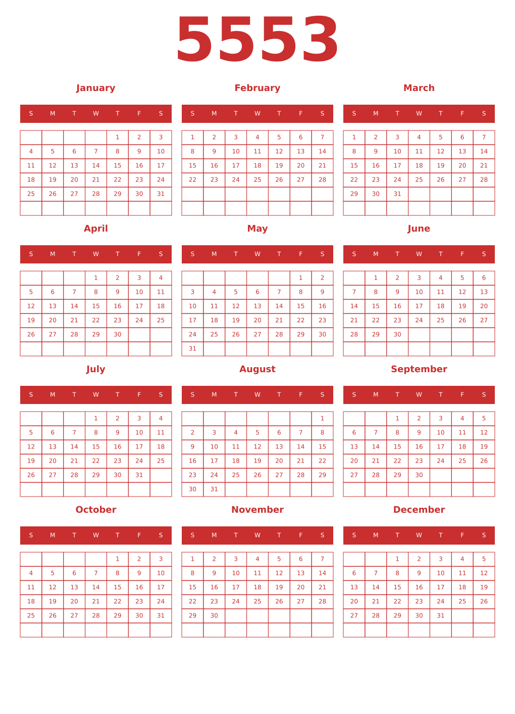 Printable 5553 Year Calendars red
