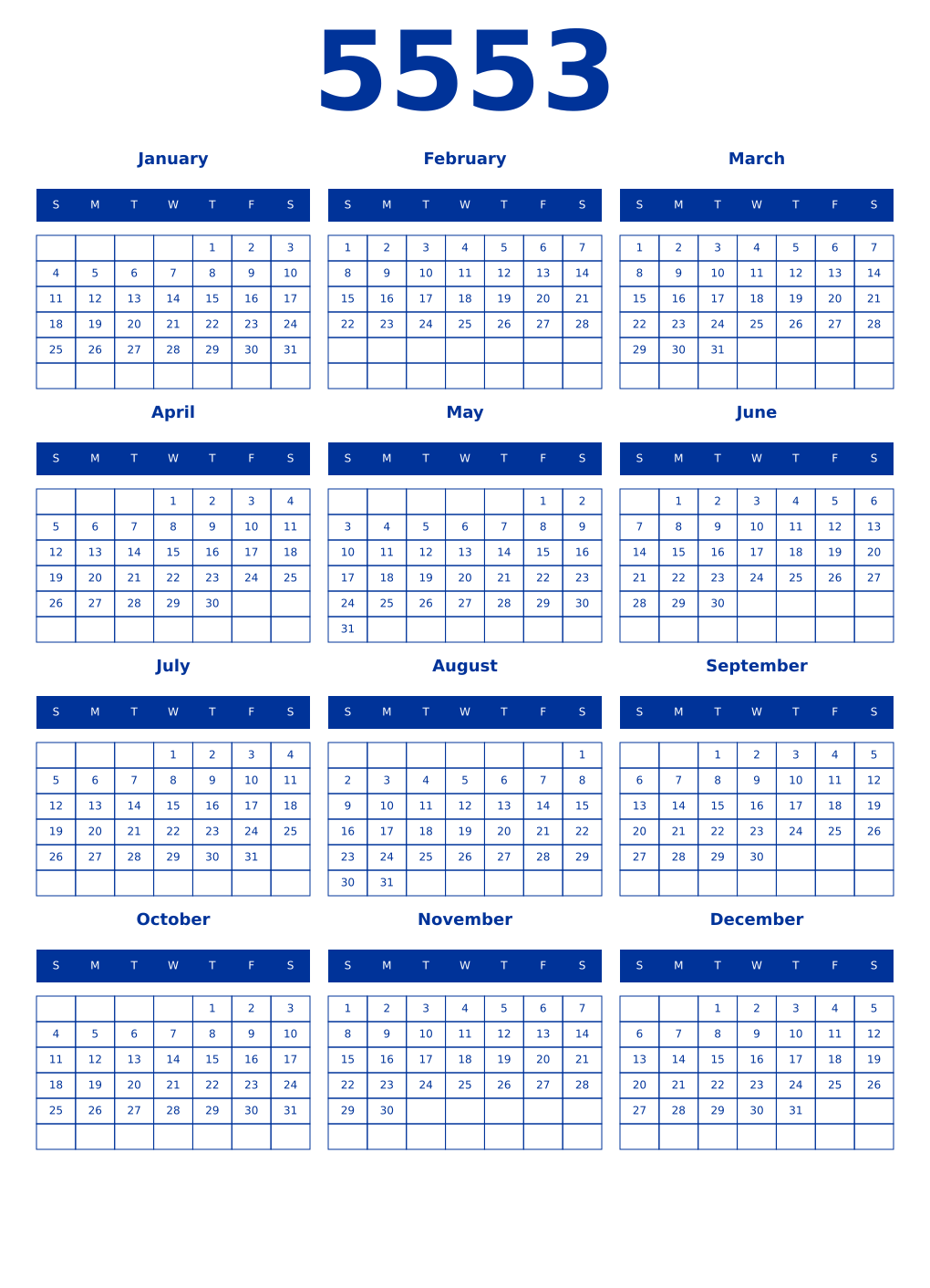 Printable 5553 Year Calendars smalt