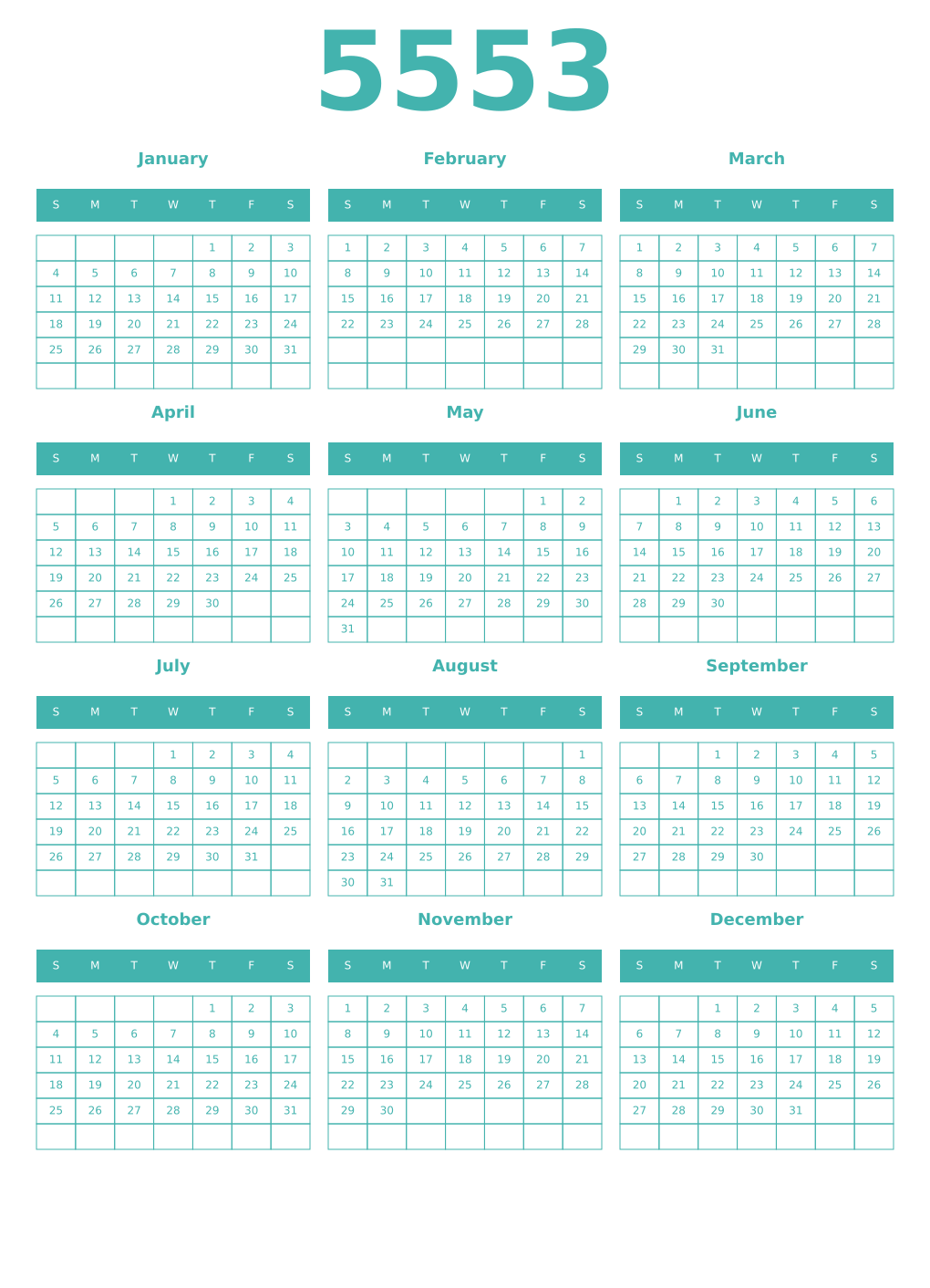 Printable 5553 Year Calendars verdigris
