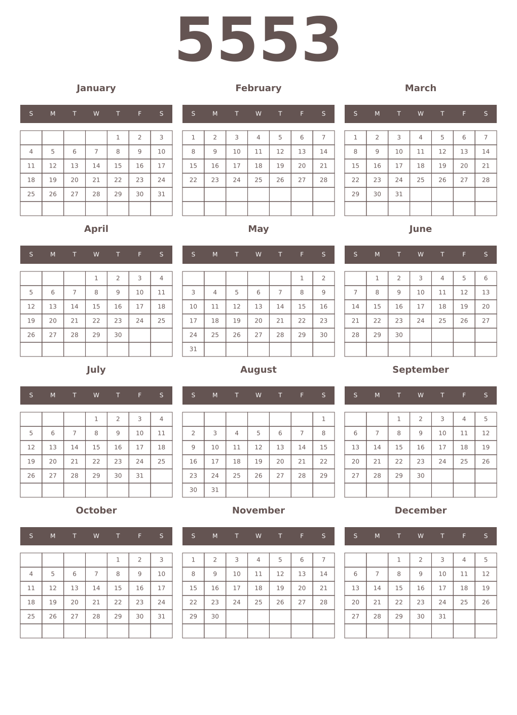 Printable 5553 Year Calendars wenge
