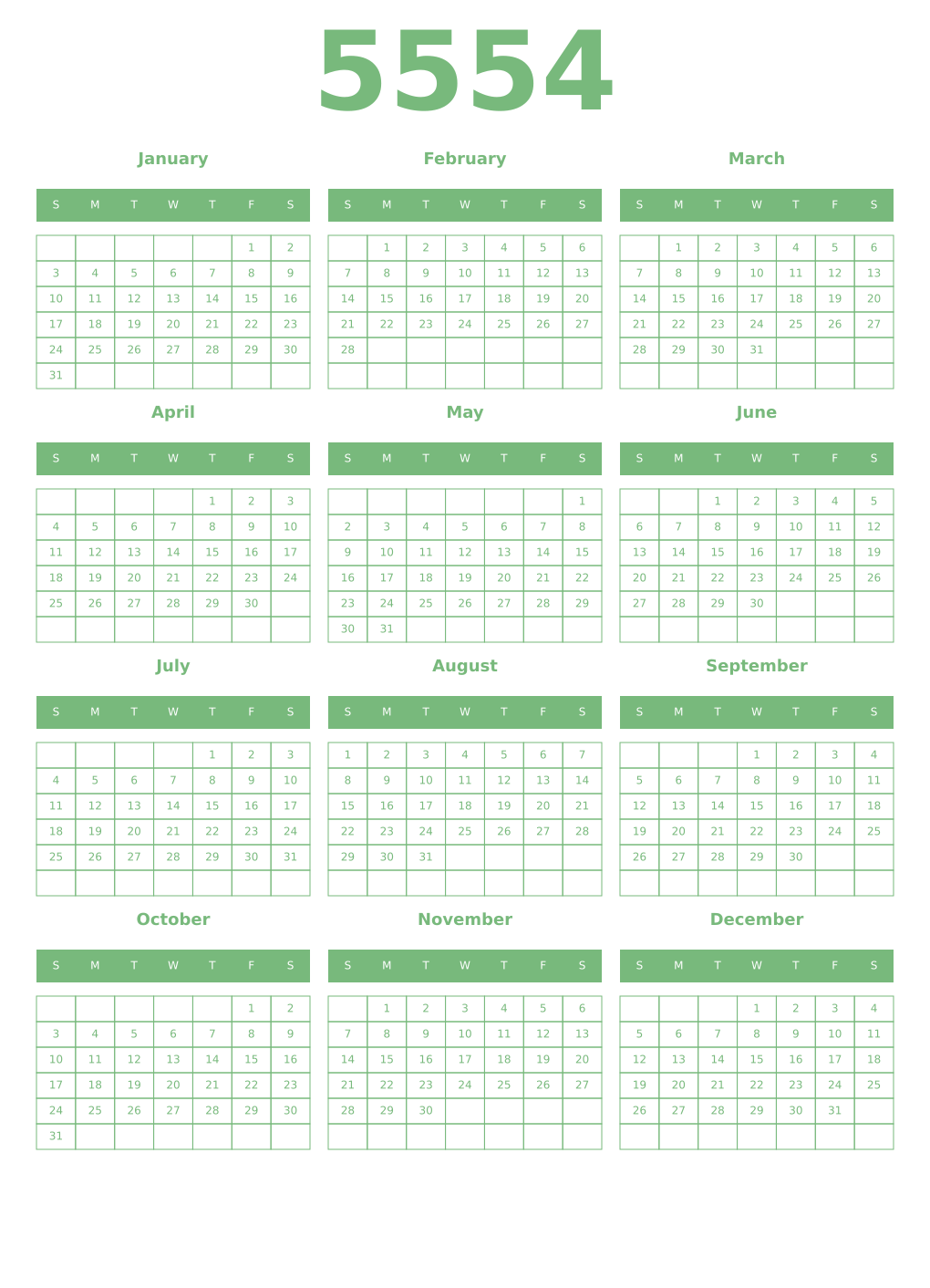 Printable 5554 Year Calendars celadon