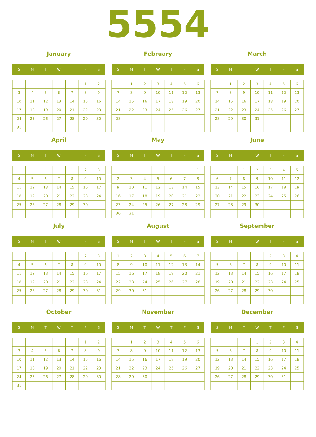 Printable 5554 Year Calendars chartreuse