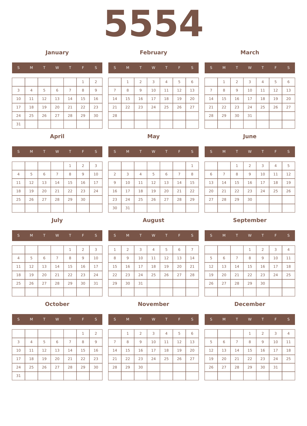 Printable 5554 Year Calendars coffe