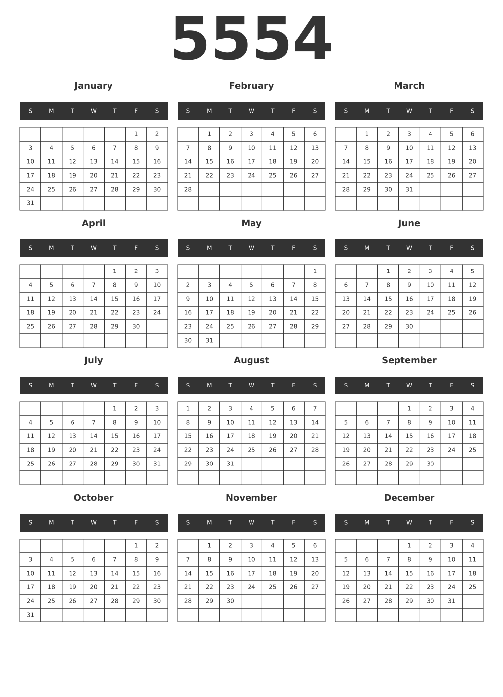 Printable 5554 Year Calendars dark