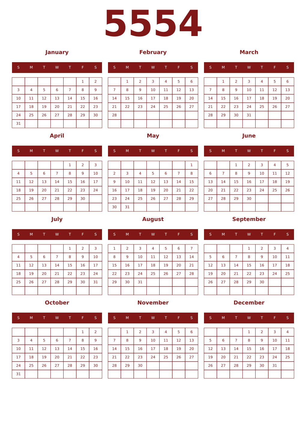 Printable 5554 Year Calendars falu