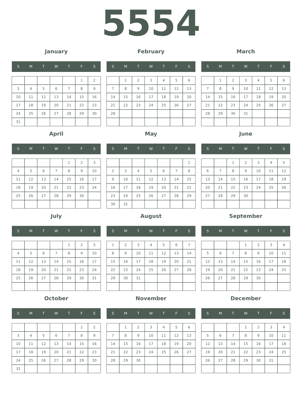 Printable 5554 Year Calendars feldgrau