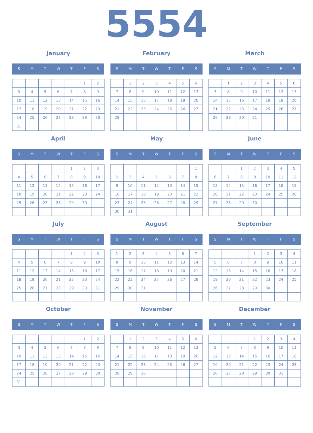 Printable 5554 Year Calendars glaucous