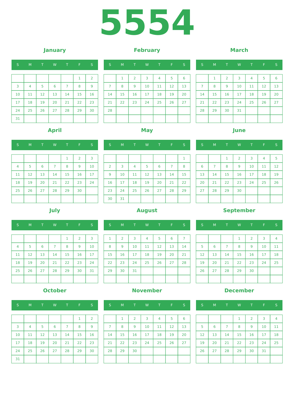 Printable 5554 Year Calendars green