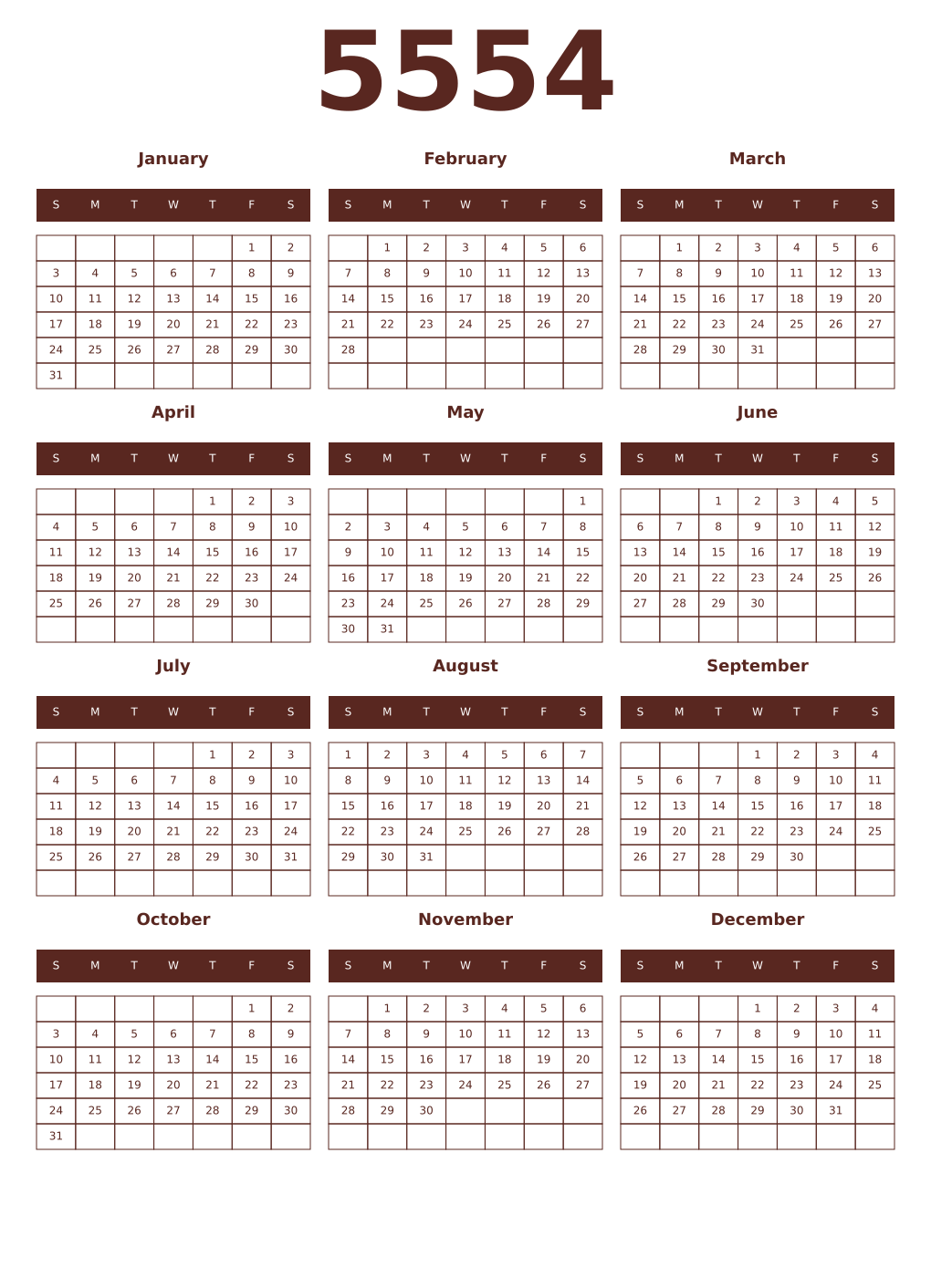 Printable 5554 Year Calendars mortuum