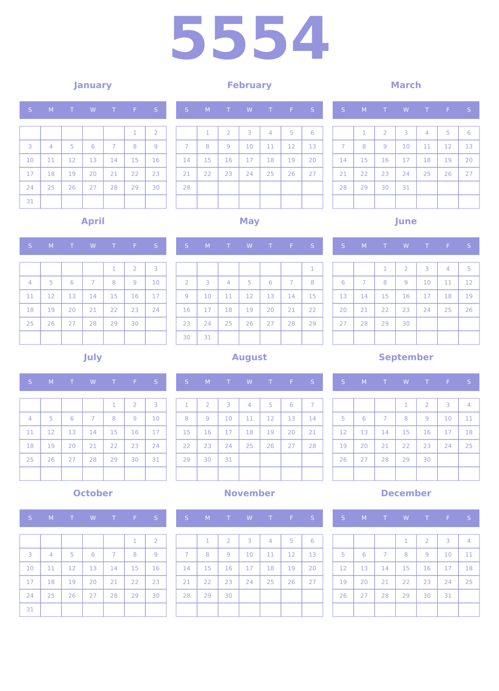 Printable 5554 Year Calendars periwinkle