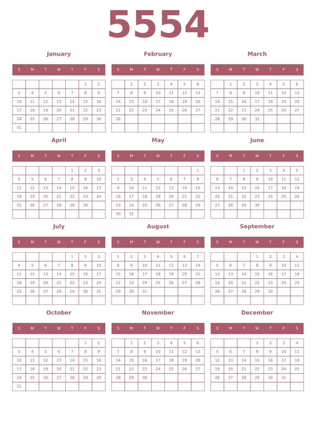 Printable 5554 Year Calendars puce