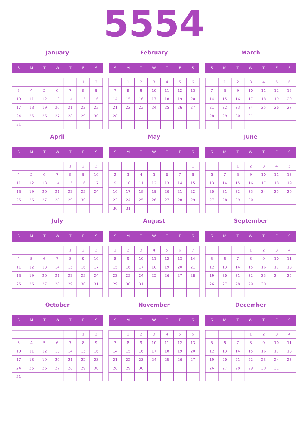Printable 5554 Year Calendars purple