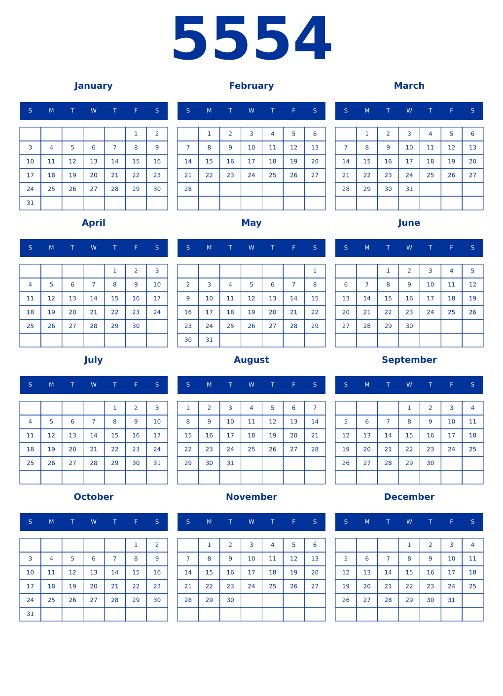 Printable 5554 Year Calendars smalt