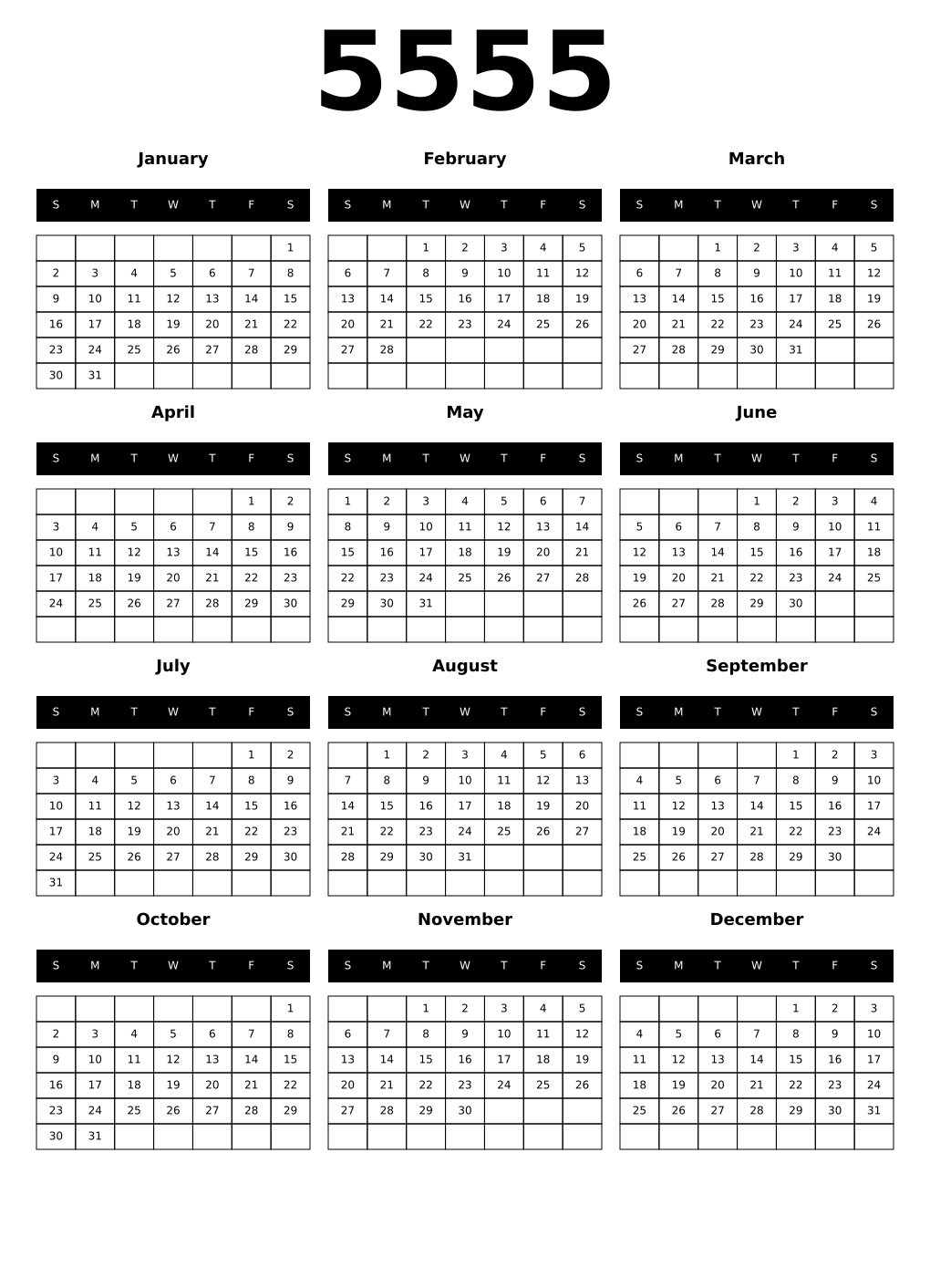 Printable 5555 Year Calendars black