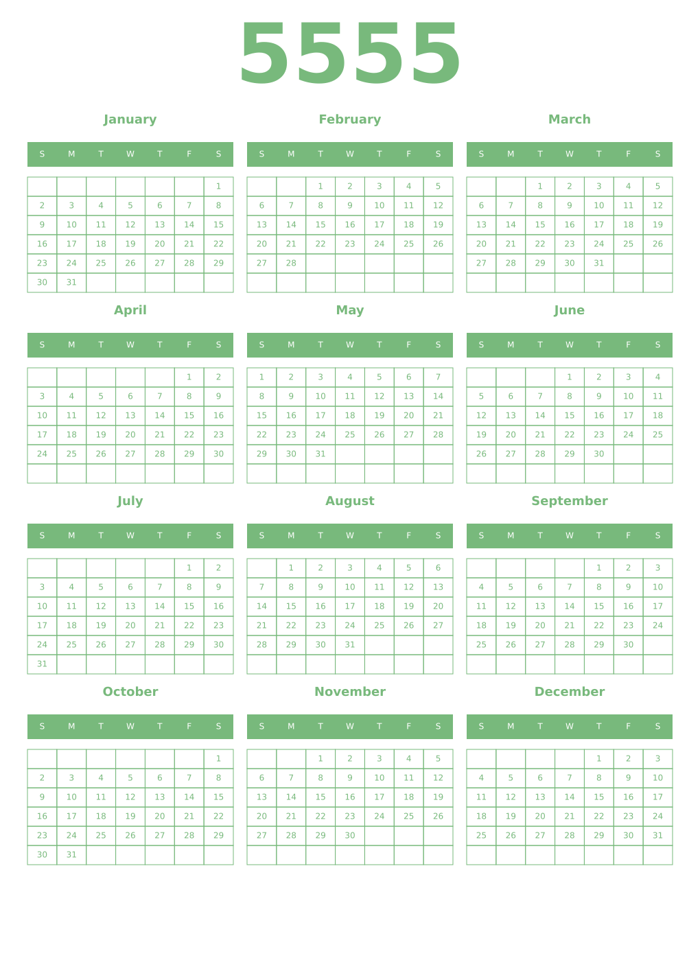 Printable 5555 Year Calendars celadon