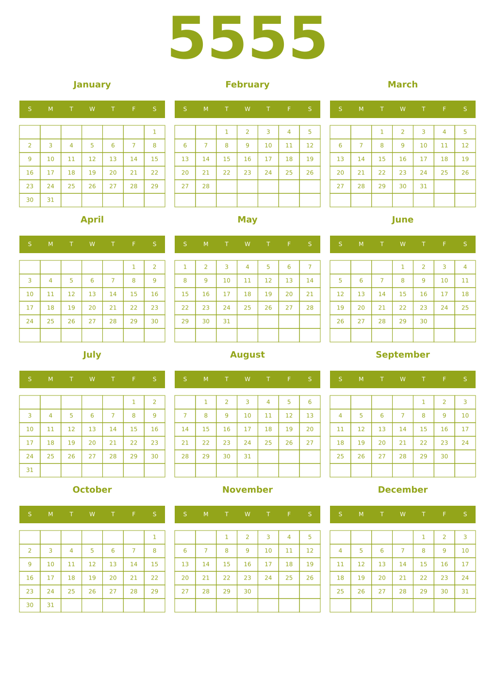 Printable 5555 Year Calendars chartreuse
