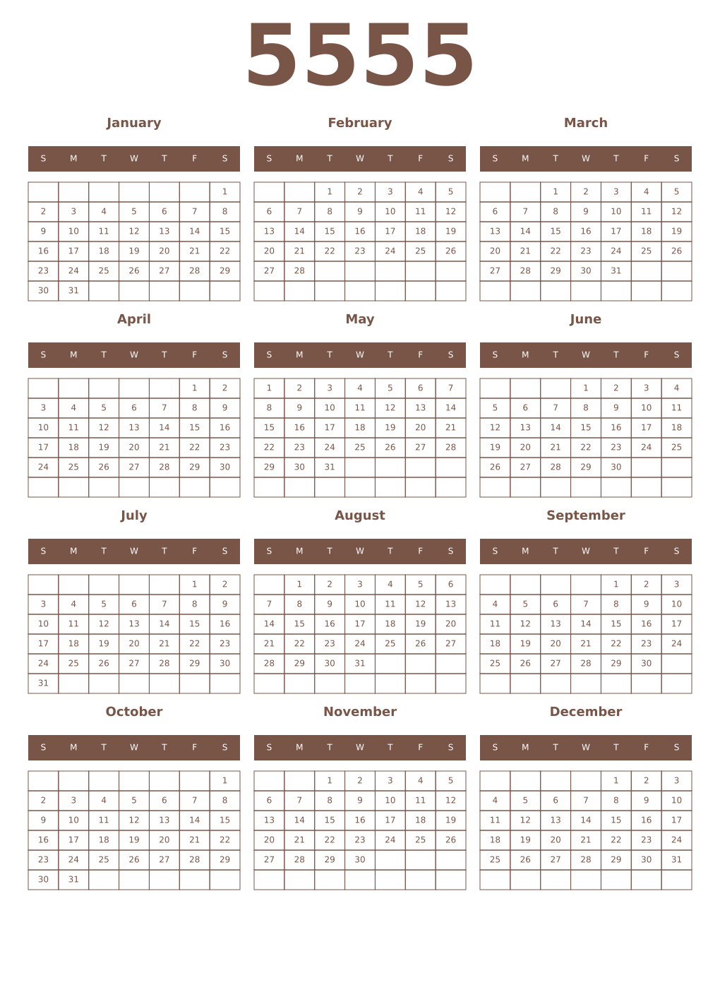 Printable 5555 Year Calendars coffe