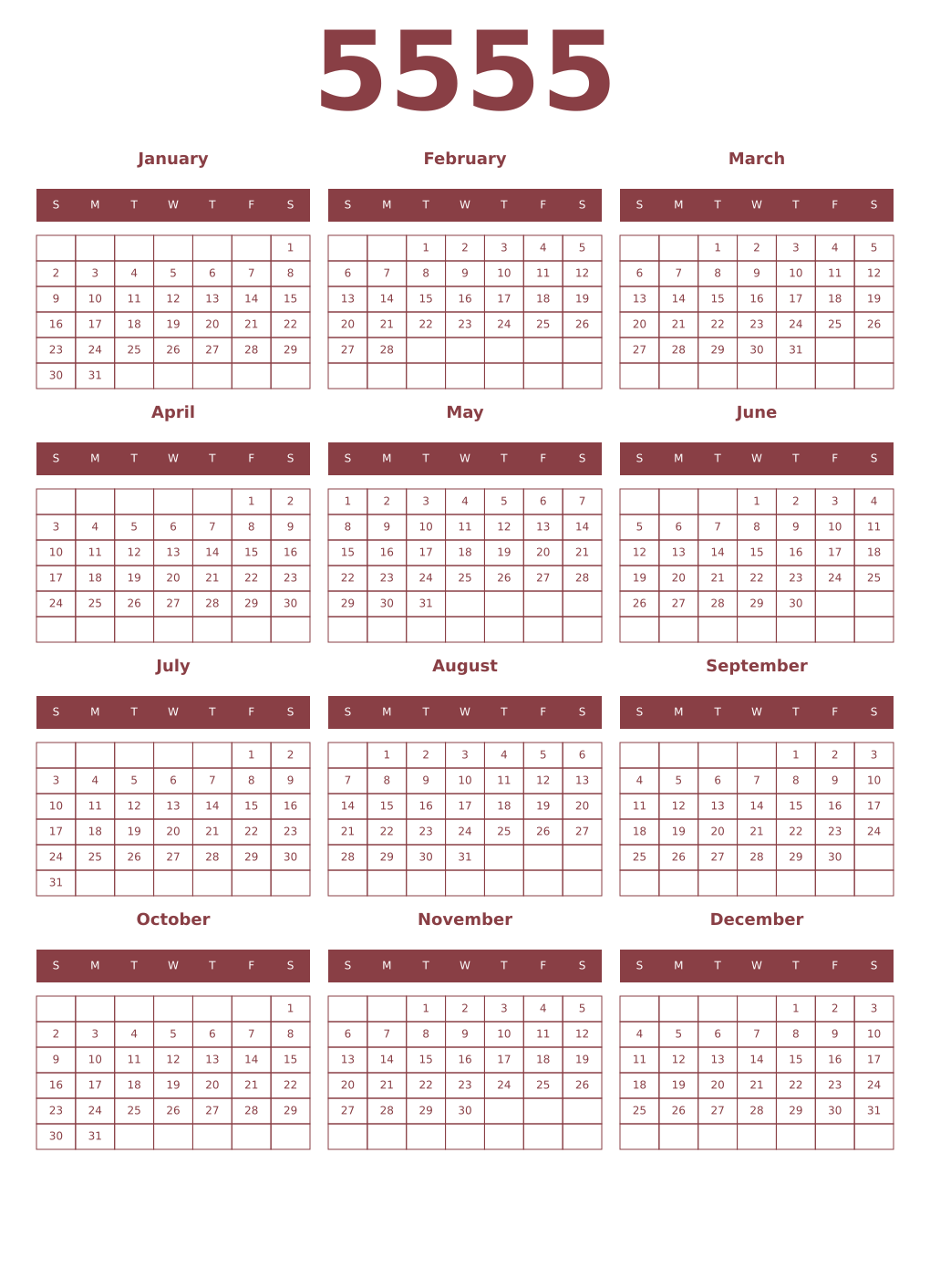 Printable 5555 Year Calendars cordovan