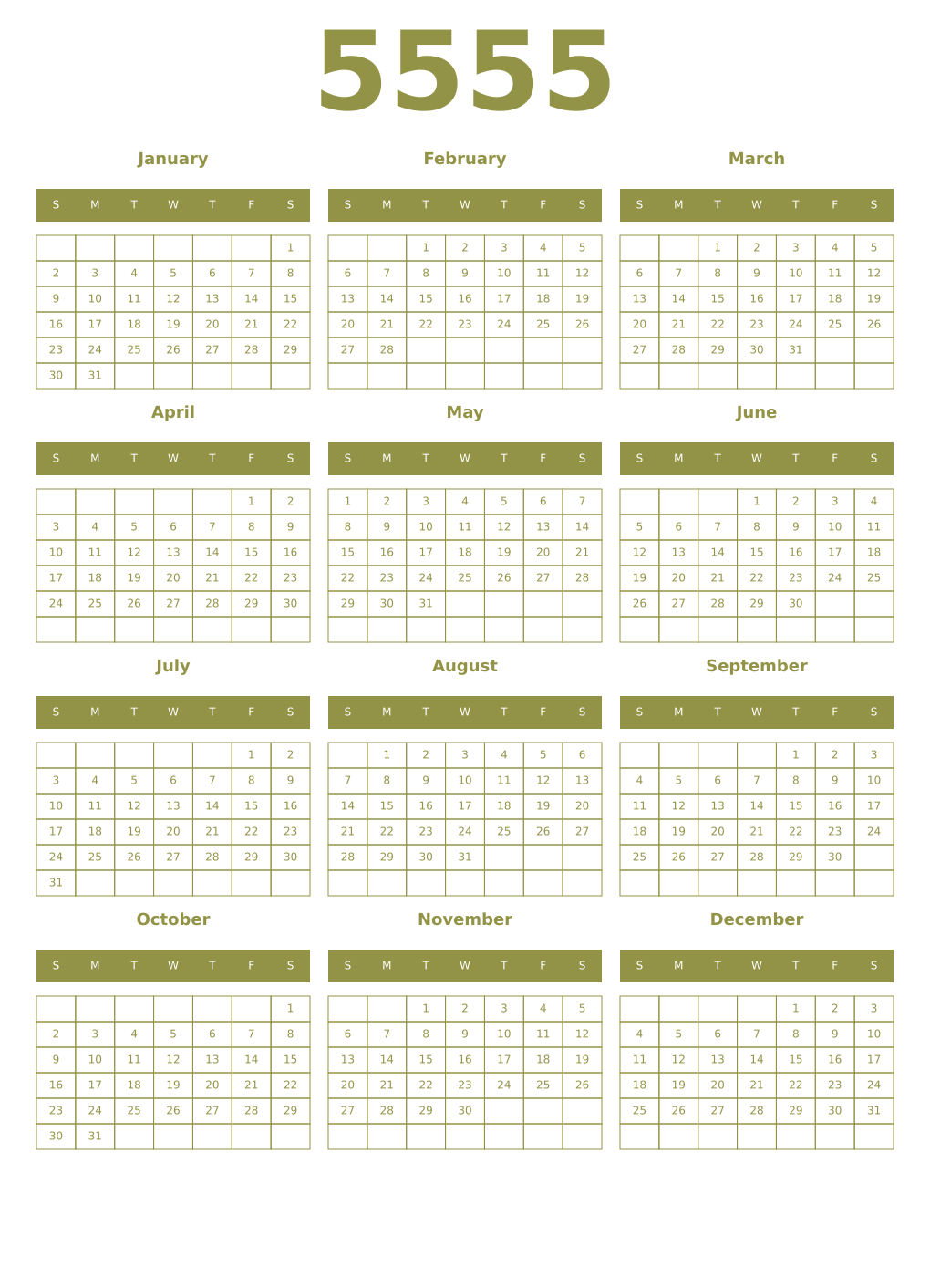 Printable 5555 Year Calendars eburnean