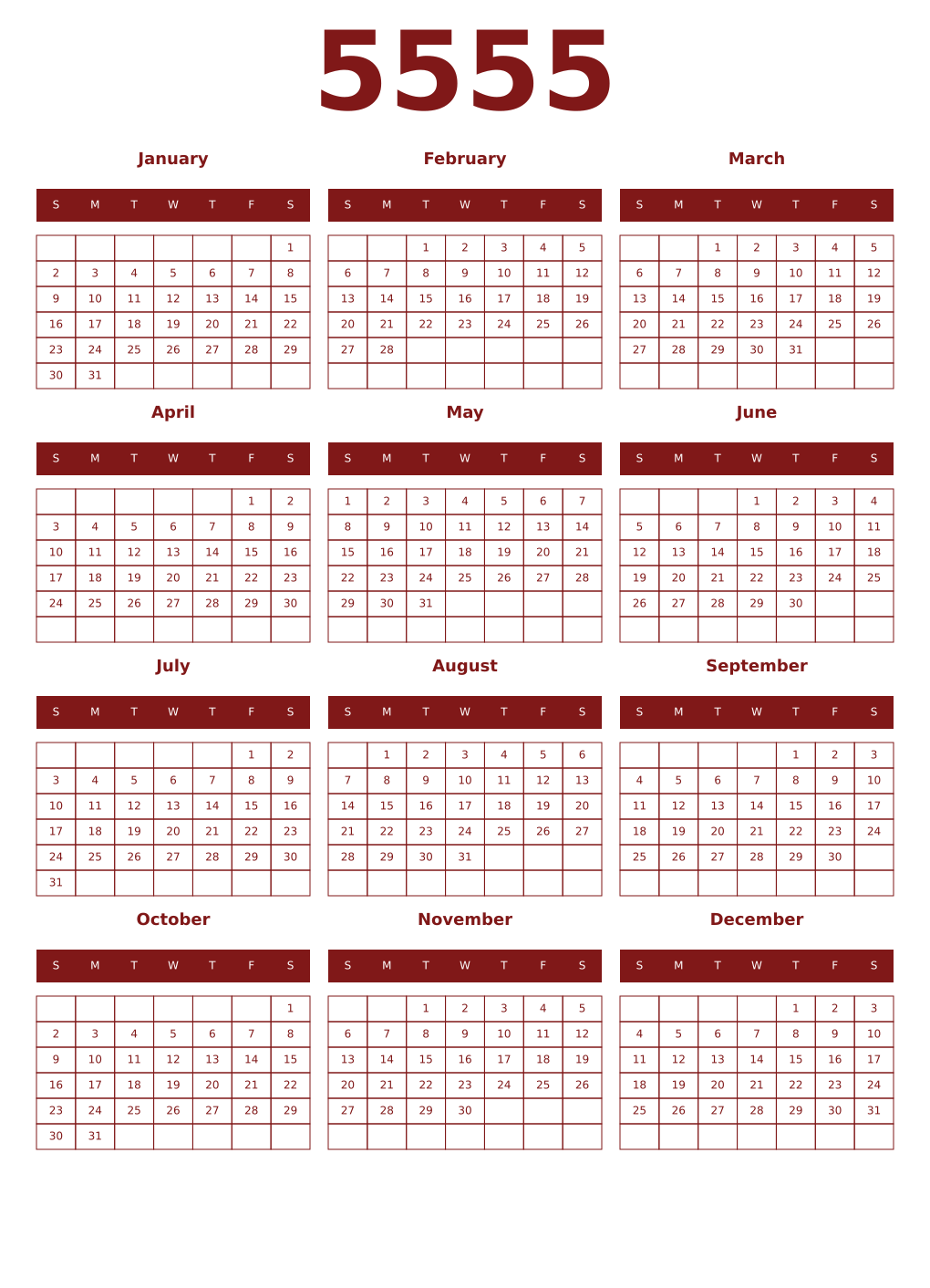 Printable 5555 Year Calendars falu