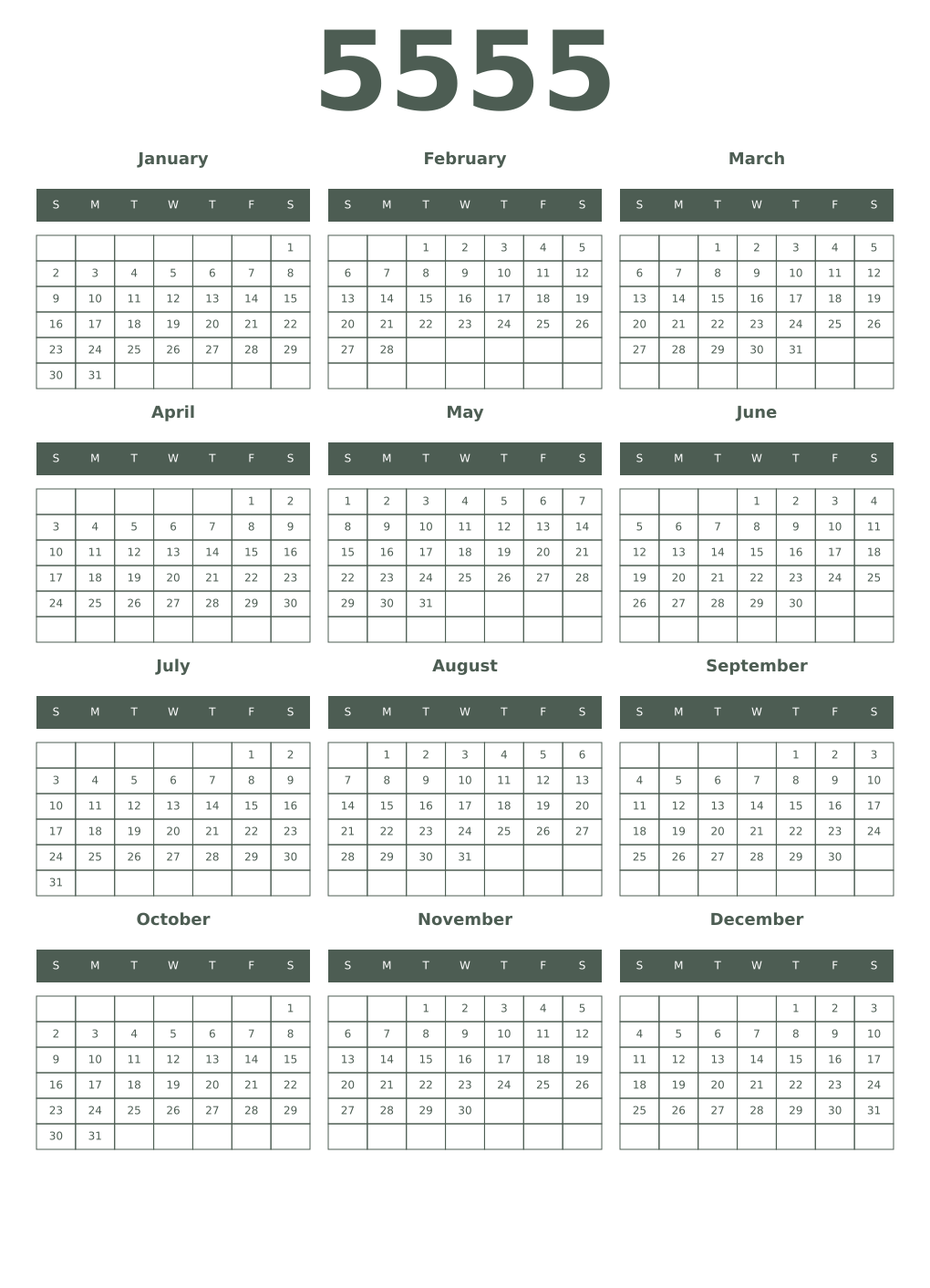 Printable 5555 Year Calendars feldgrau