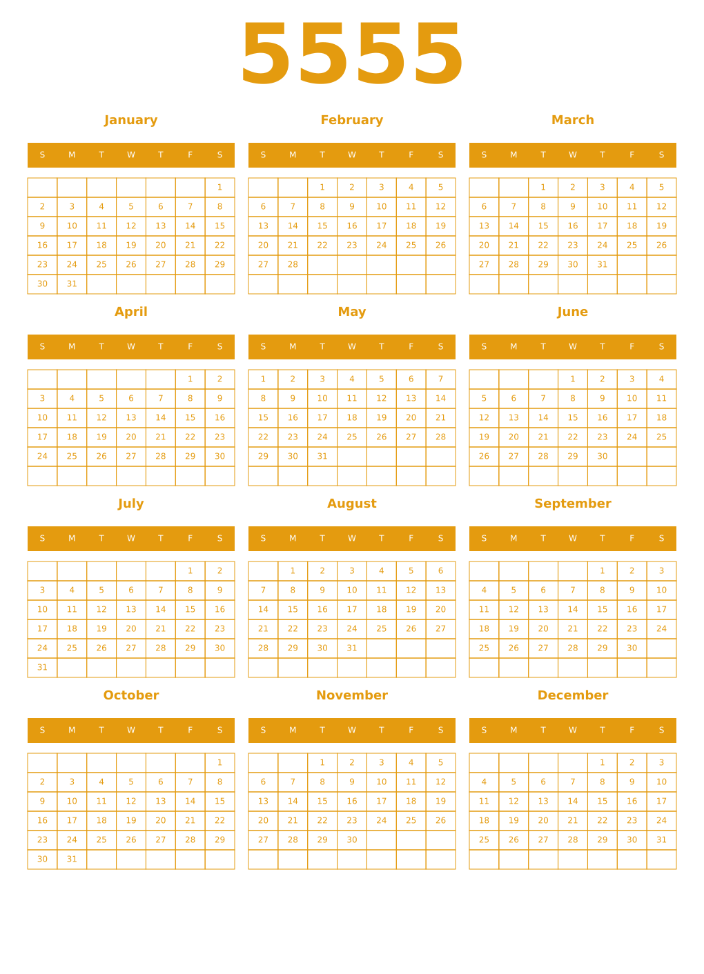 Printable 5555 Year Calendars gamboge