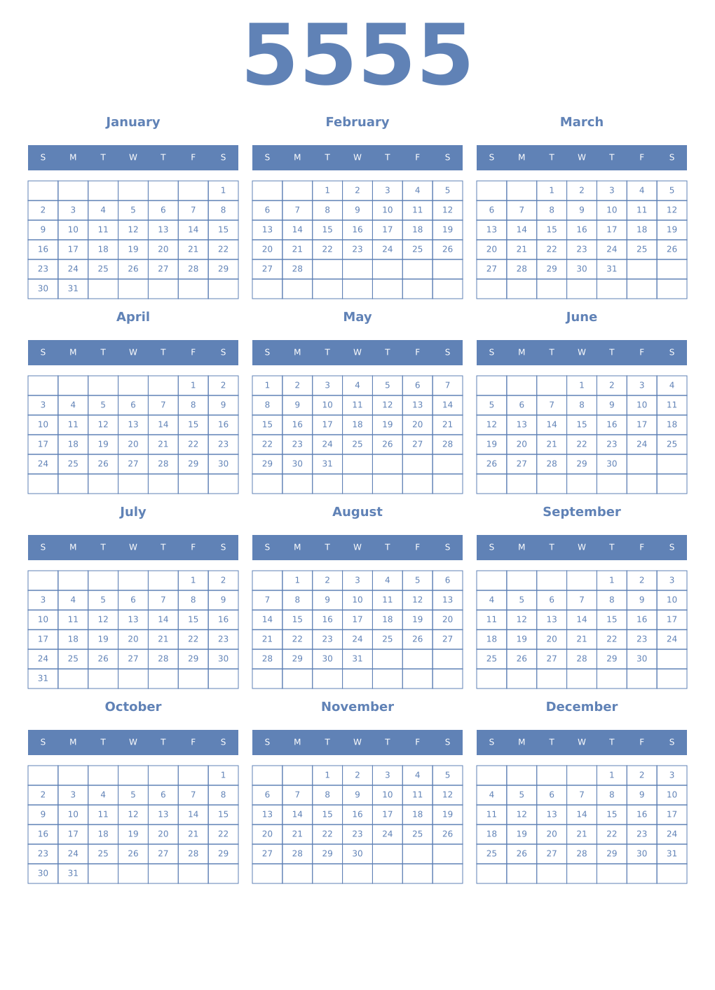 Printable 5555 Year Calendars glaucous