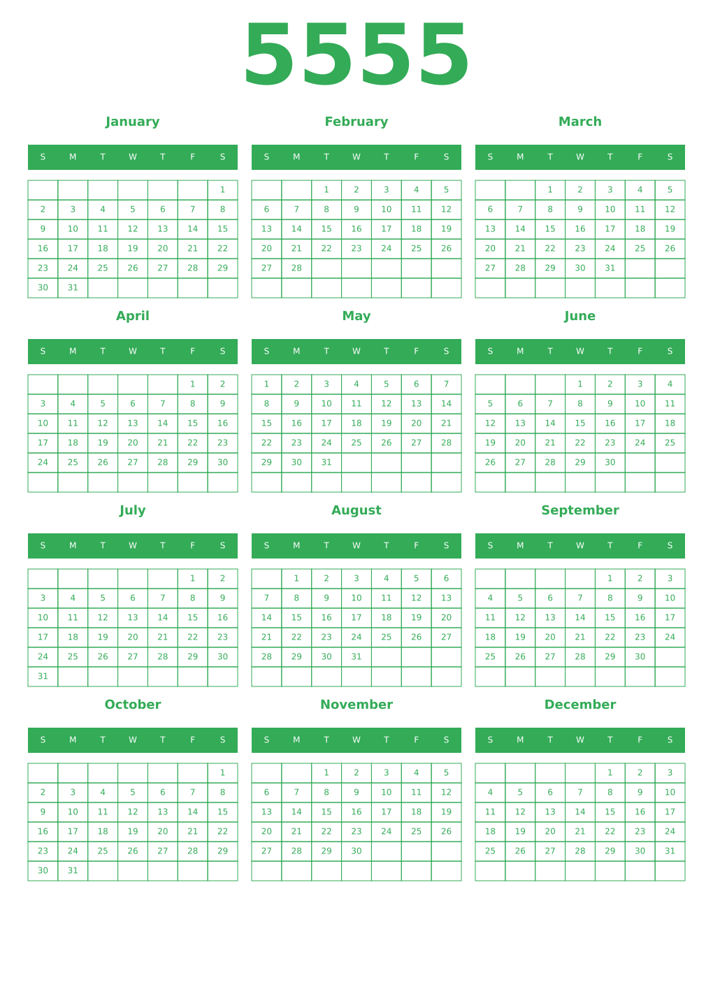 Printable 5555 Year Calendars green