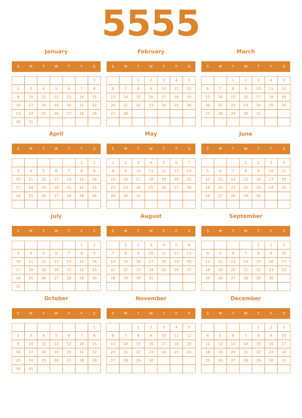 Printable 5555 Year Calendars orange