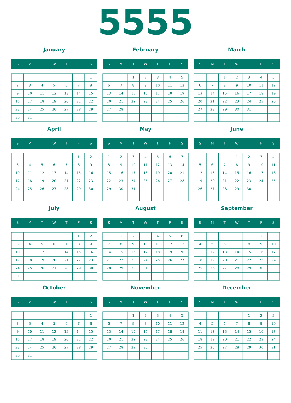 Printable 5555 Year Calendars pastel