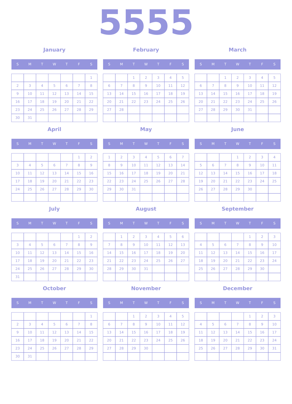 Printable 5555 Year Calendars periwinkle