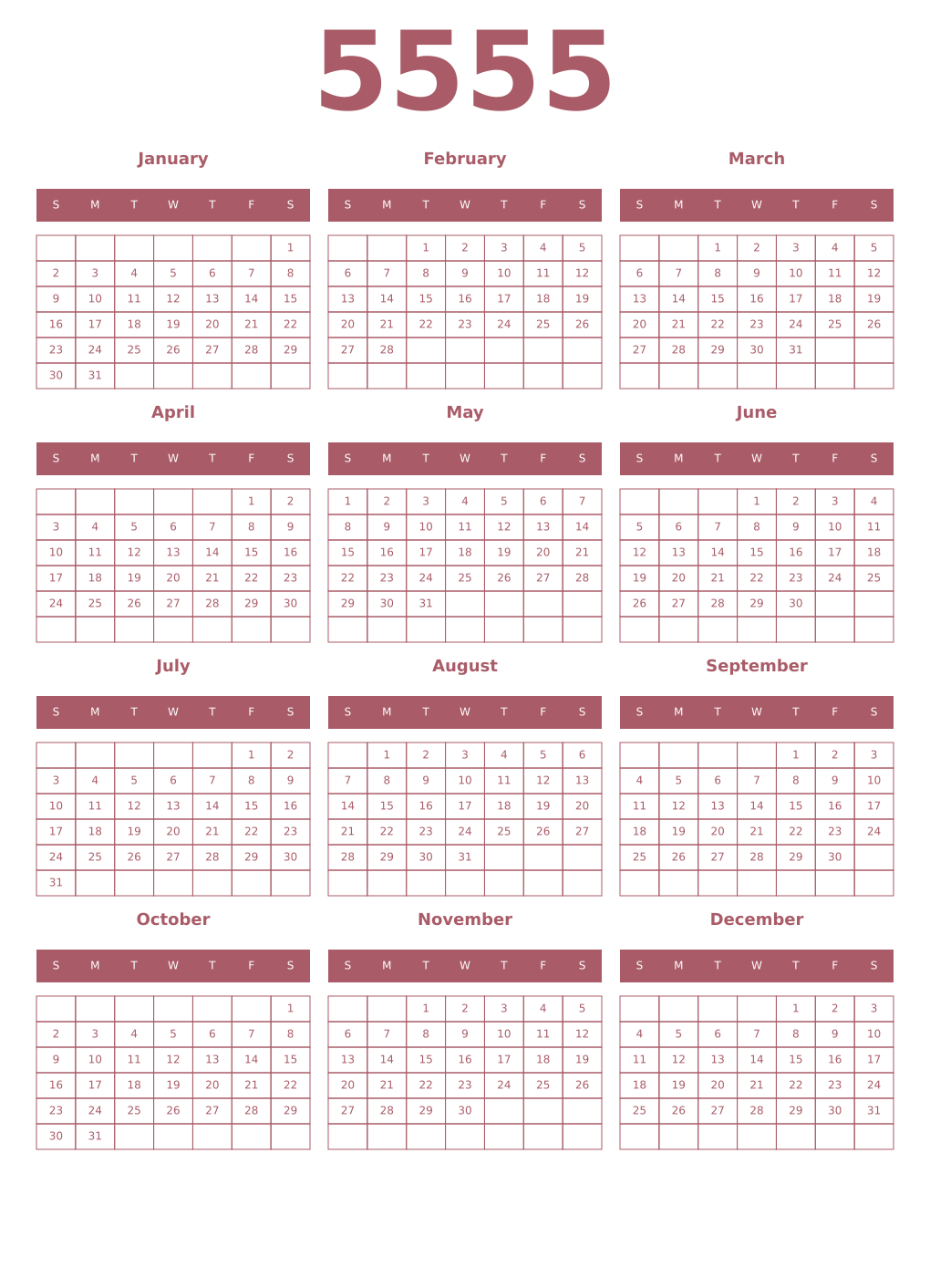 Printable 5555 Year Calendars puce