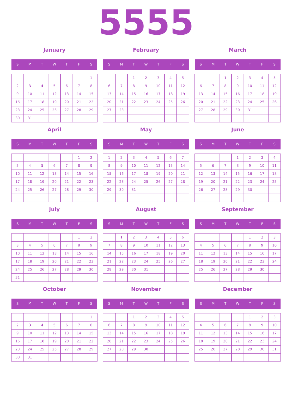 Printable 5555 Year Calendars purple