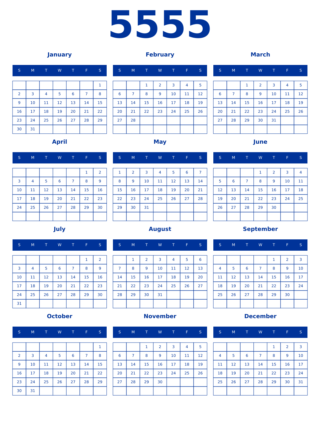 Printable 5555 Year Calendars smalt