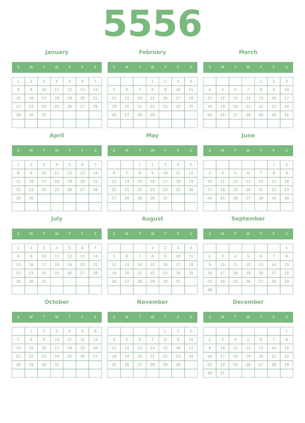 Printable 5556 Year Calendars celadon