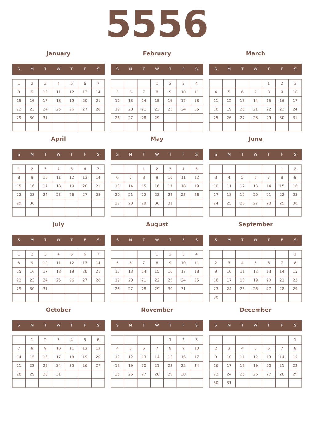 Printable 5556 Year Calendars coffe