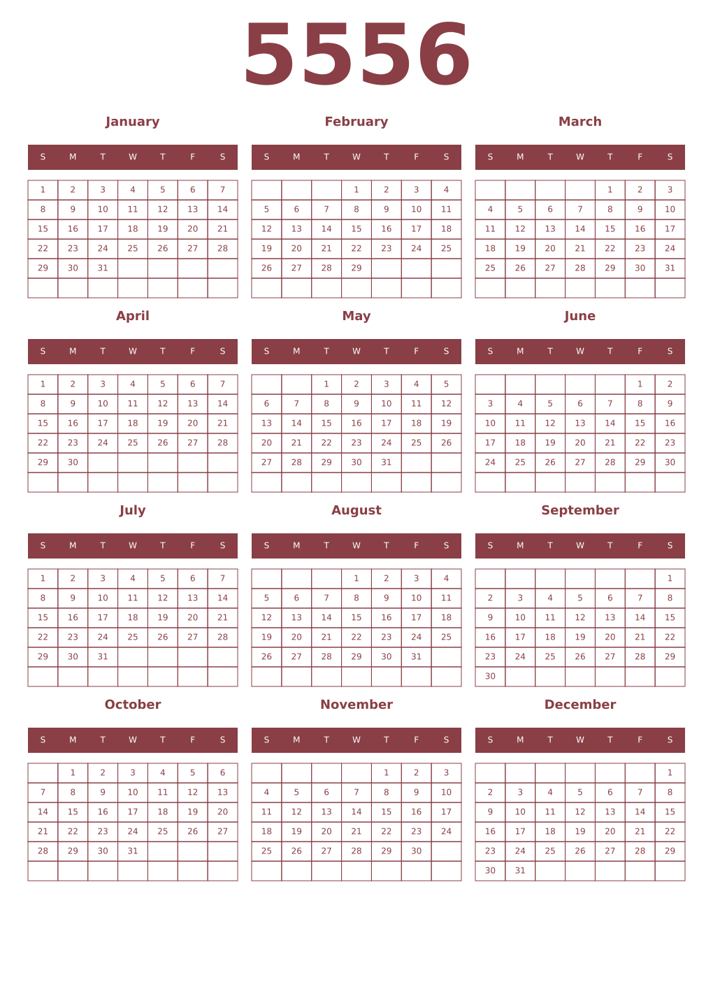 Printable 5556 Year Calendars cordovan