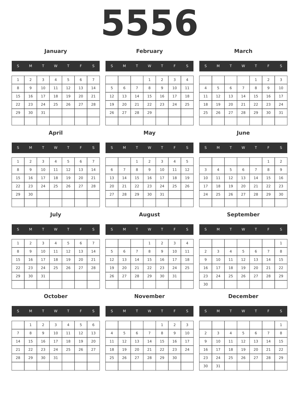 Printable 5556 Year Calendars dark