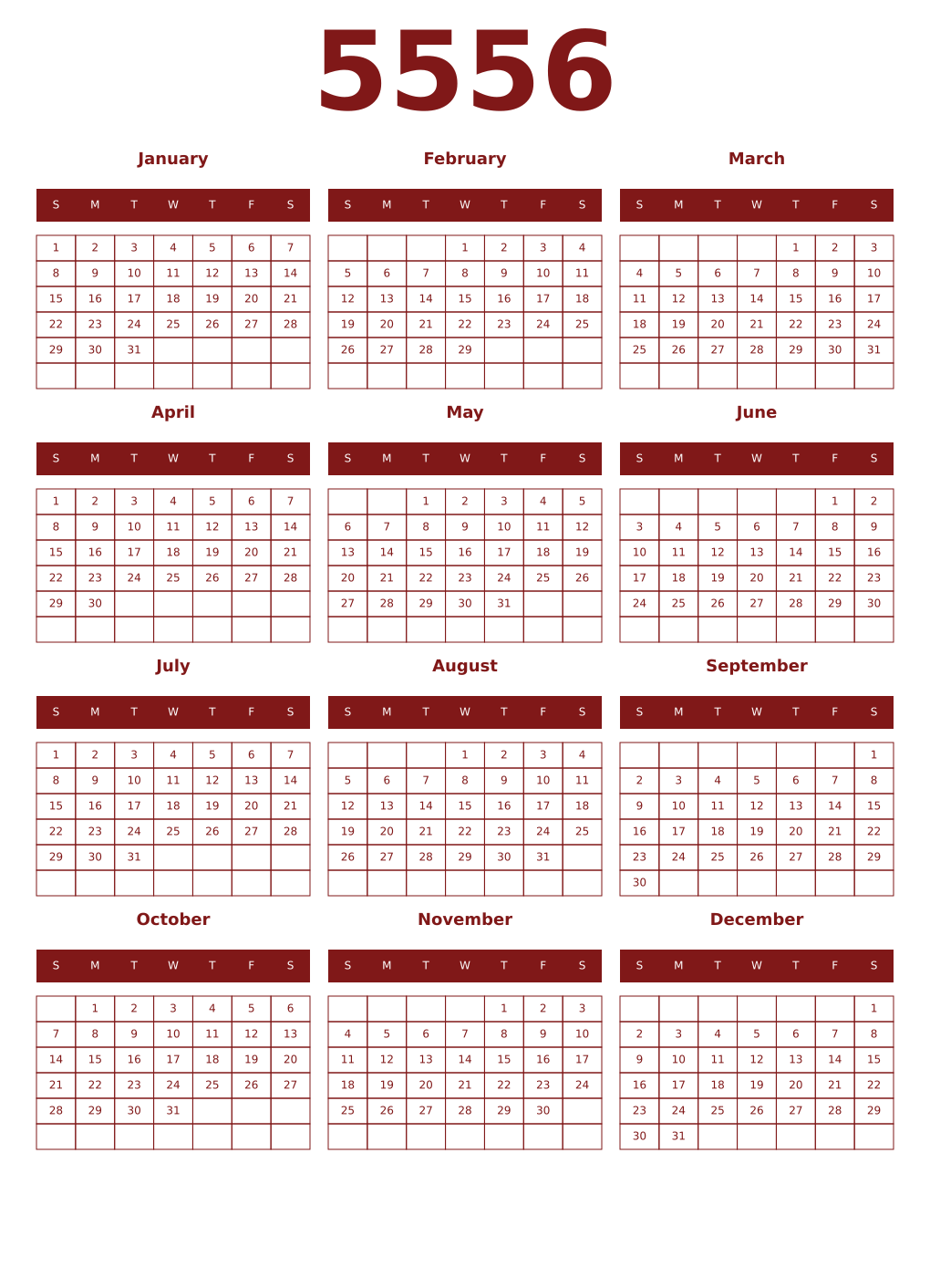 Printable 5556 Year Calendars falu