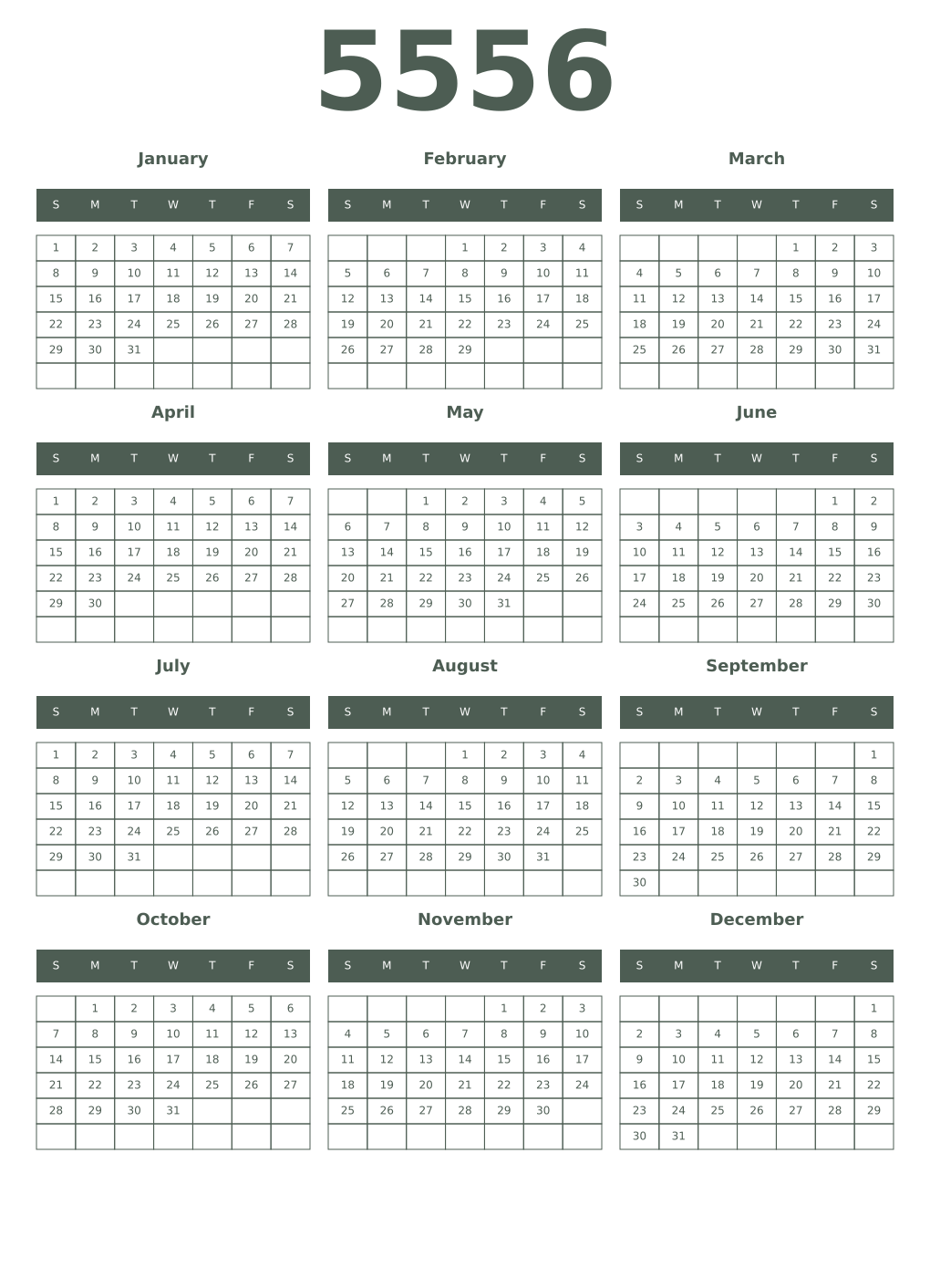 Printable 5556 Year Calendars feldgrau