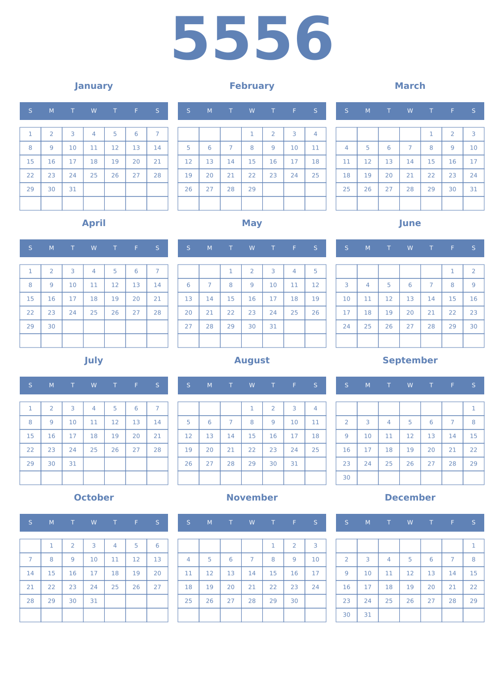 Printable 5556 Year Calendars glaucous