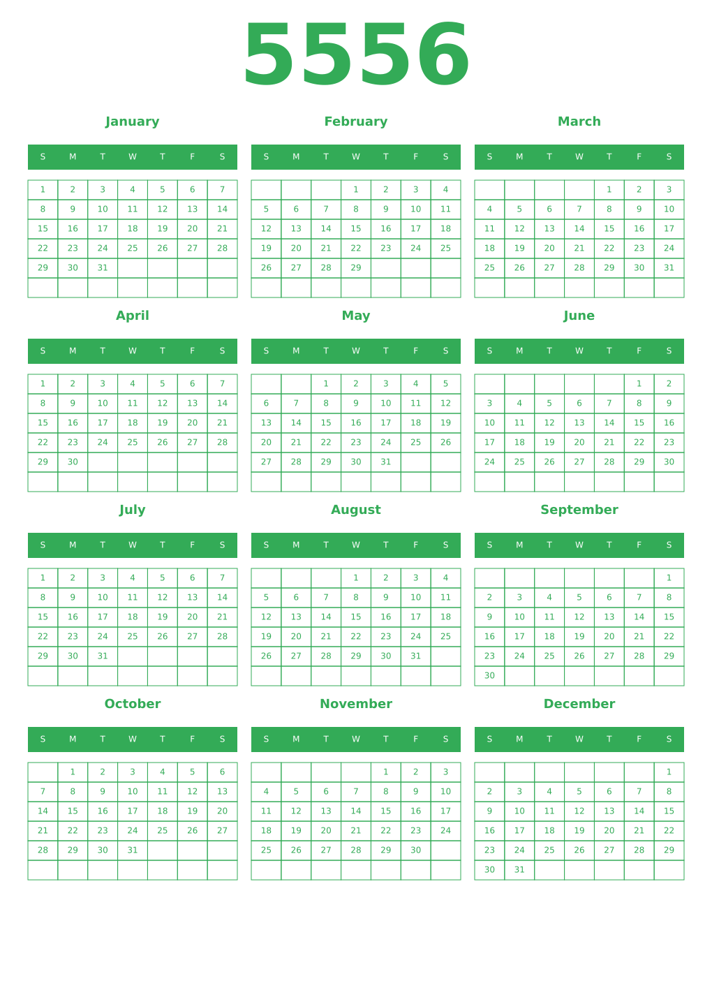 Printable 5556 Year Calendars green