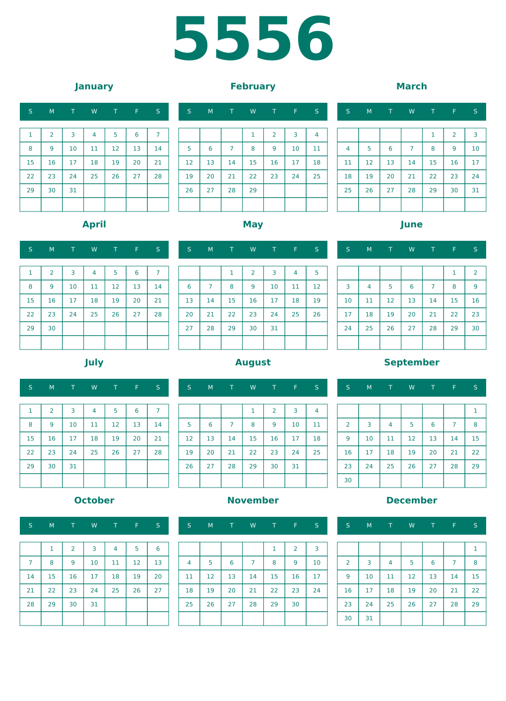 Printable 5556 Year Calendars pastel