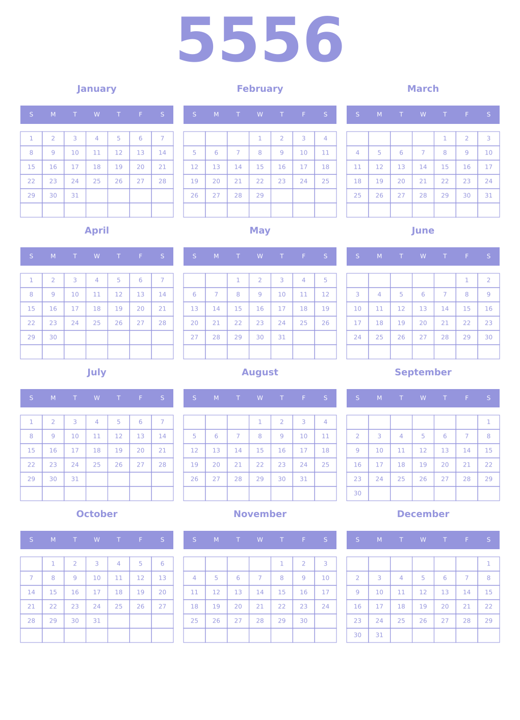 Printable 5556 Year Calendars periwinkle