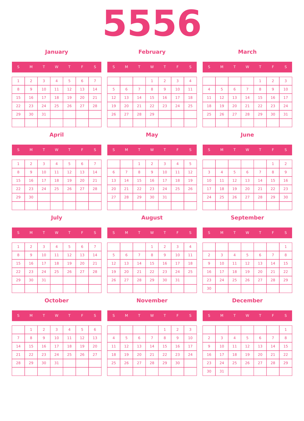 Printable 5556 Year Calendars pink