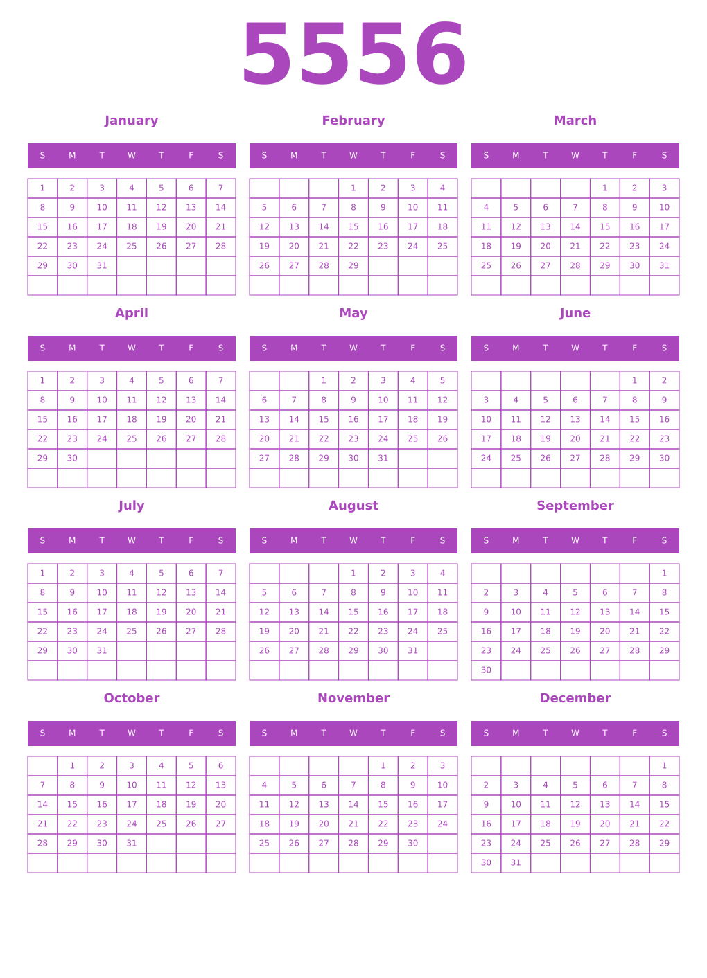 Printable 5556 Year Calendars purple